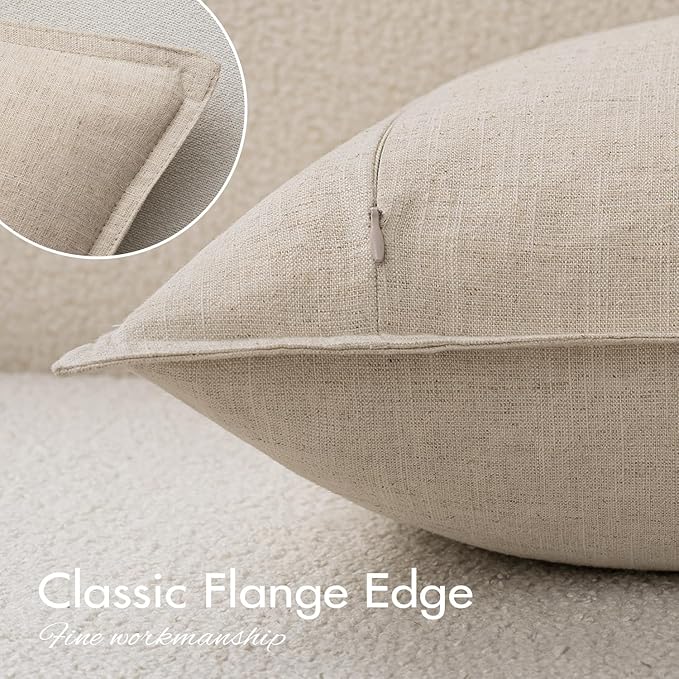 EMEMA Decorative Linen Throw Pillow Covers 18x18 Inch Natural Beige Boho Farmhouse Neutral Couch Throw Pillows for Bed Pack of 2 Accent Pillowcase Modern Sofa Cushion Livingroom Home