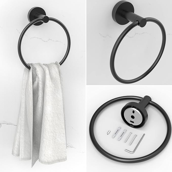 3pc Bathroom Hardware Set with Matte Black Toilet Paper Holder, Towel Ring - Image 6