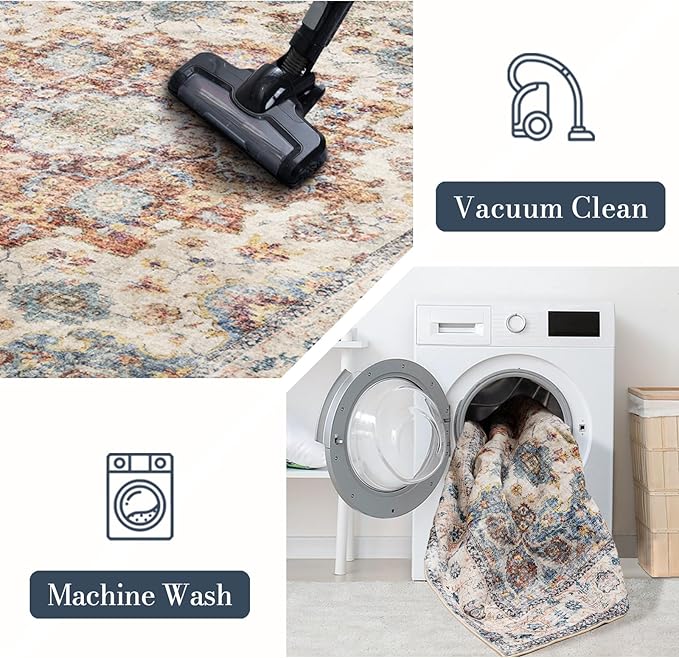 Area Rug 3×5, Vintage Boho Rug,Ultra-Soft Low Pile, Washable, Non Slip,Stain Resistant Printed Carpet for Living Room Bedrooms Playroom Office Kitchen, Blue/Red