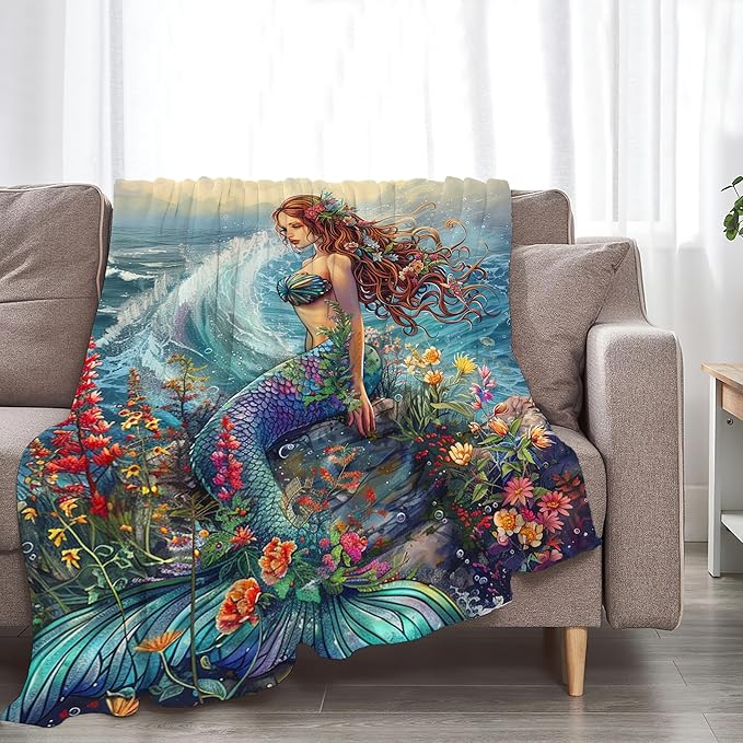 Mermaid Throw Blanket - Ocean Blanket for Girls, Women, Boys & Men - Soft, Warm & Cozy Fleece - 60"x50"