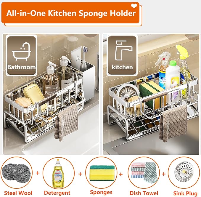 Sponge Holder for Kitchen Sink, Sink Caddy Organizers Stainless Steel, 30°Tilt - Image 5