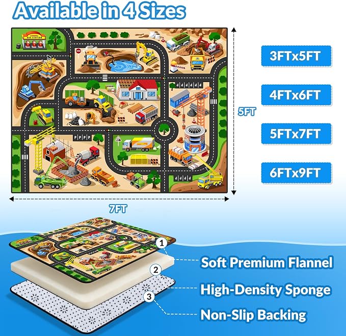Kids Rug, 5x7 FT Construction Site Car Rug Play Mat, Soft & Durable, Machine - Image 2