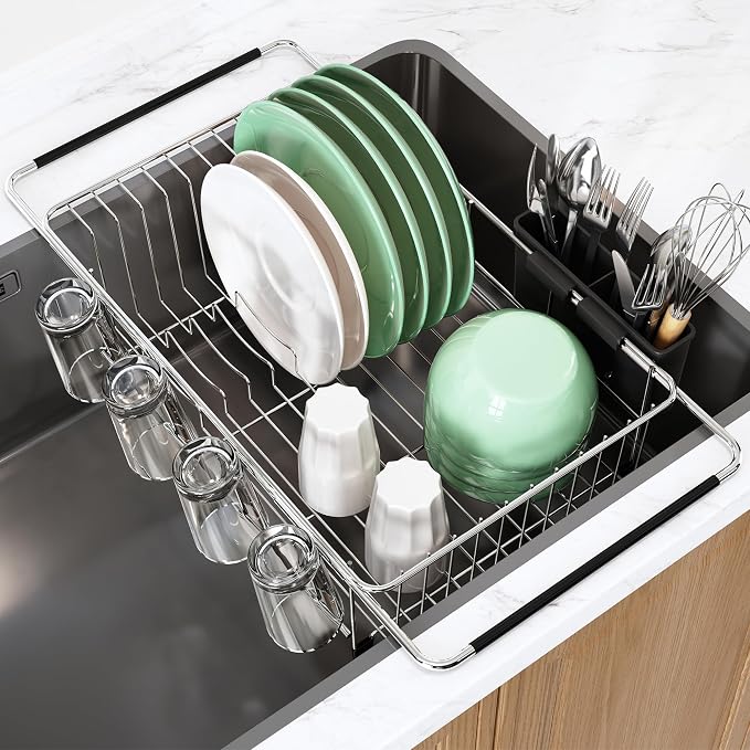 Over The Sink Expandable Dish Drainer Drying Rack in Stainless Steel by MAJALiS