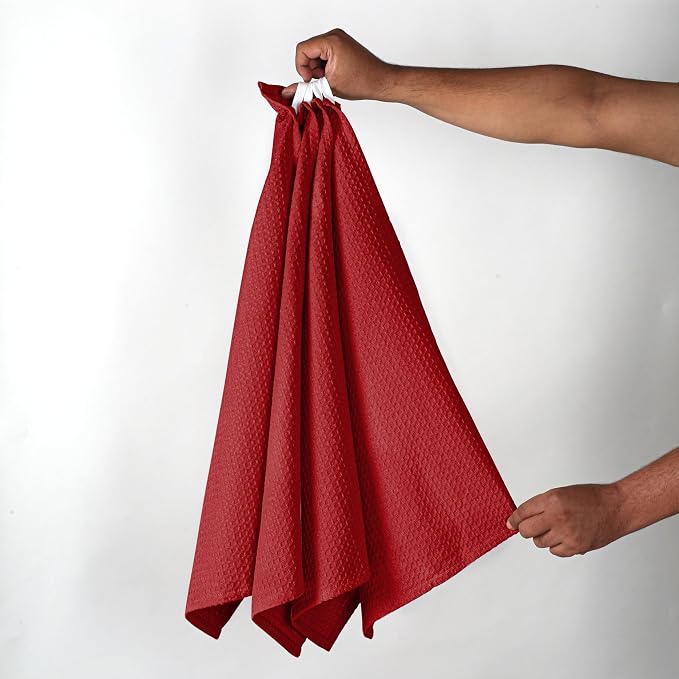 Red Waffle Kitchen Towels, 16x26 Inch, 100% Cotton, Quick Drying, Machine - Image 2