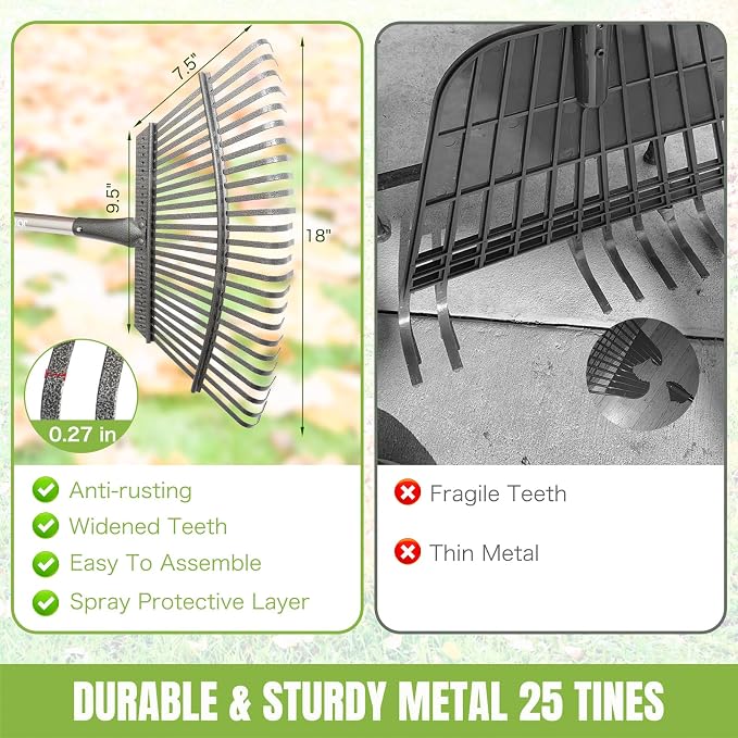 JOYHALO 65 Inch Rake for Leaves, 25 Tines Metal Leaf Rake Set - Image 6