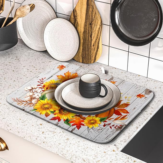Hello Fall Dish Drying Mat for Kitchen Counter 16x18 Inch Orange Pumpkin - Image 5