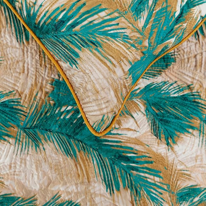The HomeCentric King/Queen/Twin Green Decorative CA King 86"x18" Bed Runner with 2 Pillow Cover, Plam Leaves & Quilted Bed Scarf on Satin Fabric - Palms