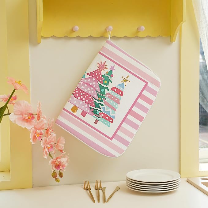 Christmas Dish Drying Mats 18x24 Inch Stripes Watercolor Pink Christmas Trees - Image 4