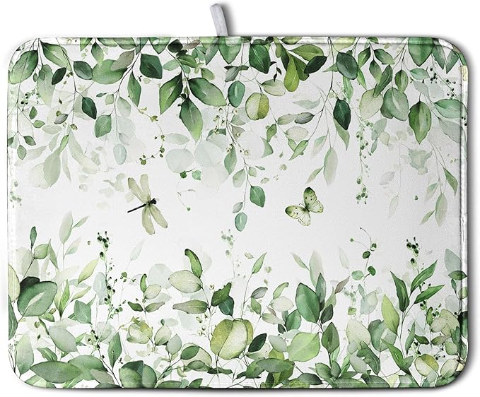 Sage Green Leaf Dish Drying Mat by Wnoesat