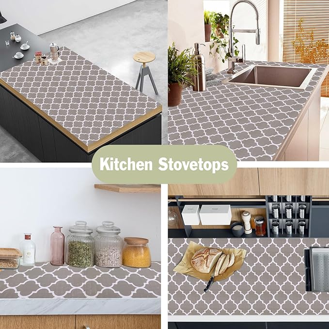 Drawer and Shelf Liner for Kitchen Cabinet: 23.6 in X 20 Ft Non Slip Waterproof Shelf Paper Non Adhesive Refrigerator Liners Gray Quatrefoil Easy Liners for Bathroom Cupboard with Knife Tape Measure