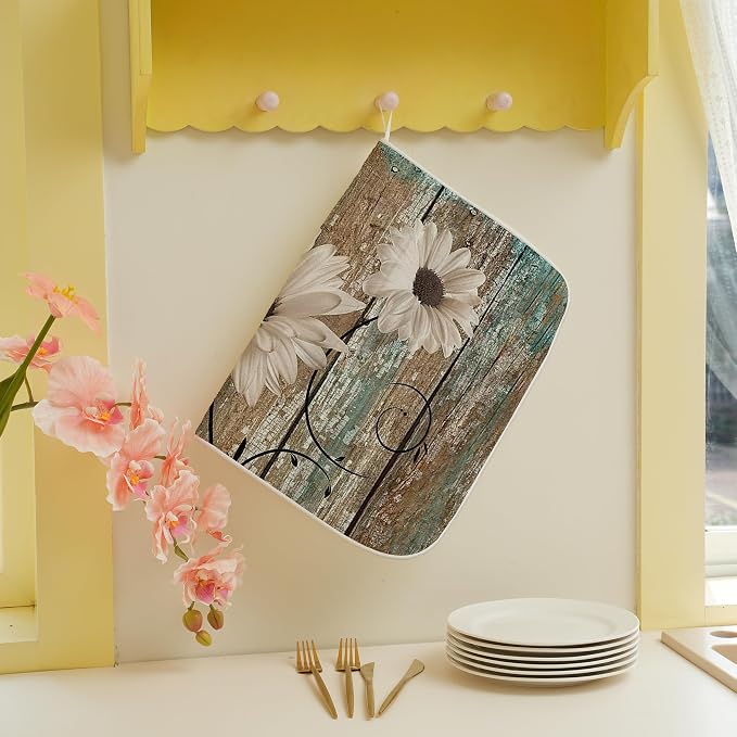 Rustic Daisy Dish Drying Mats 18x24 Inch Vintage Sunflowers on Wooden Board - Image 4