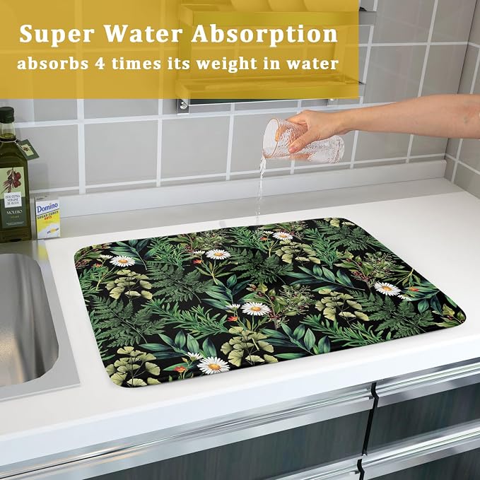 Green Botanical Dish Drying Mat 18x24 Inch Plant Leaf Fast Dry Dish Drainer - Image 7