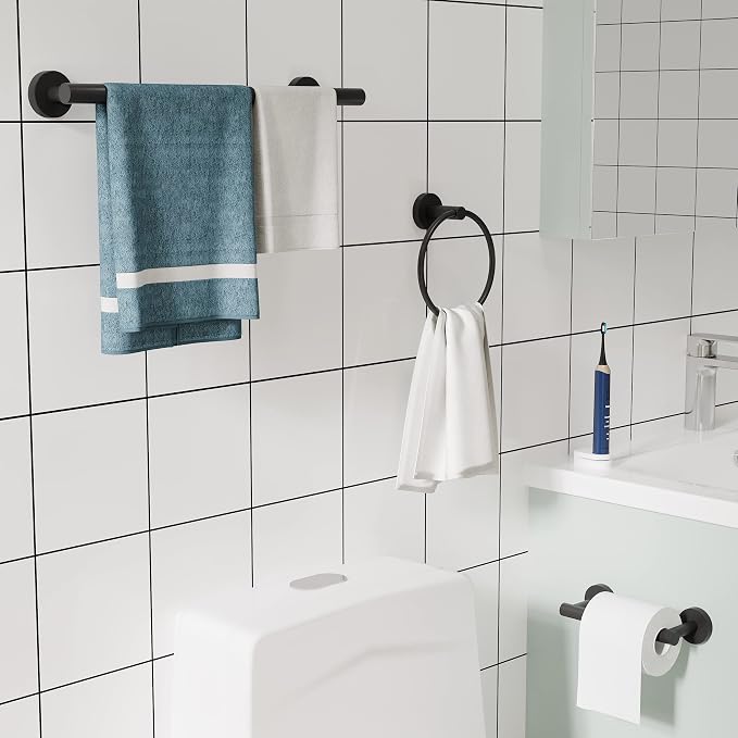 3pc Bathroom Hardware Set with Matte Black Toilet Paper Holder, Towel Ring - Image 3