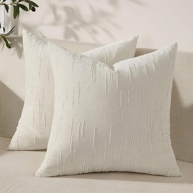 Set of 2 Soft Textured Throw Pillow Covers 16x16, Invisible Zipper Neutral Cushion Cases, Easy - Care Decorative Farmhouse Decor for Living Room Couch (White, 16" x 16" (Pack of 2))