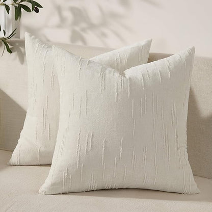Set of 2 Soft Textured Throw Pillow Covers 18x18,Invisible Zipper Neutral Cushion Cases, Easy - Care Decorative Farmhouse Home Decor for Living Room Couch (White, 18" x 18" (Pack of 2))