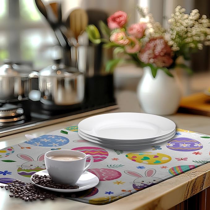 Happy Easter Bunny Dish Drying Mats Spring Floral Dish Mat Easter Cute Rabbit - Image 6