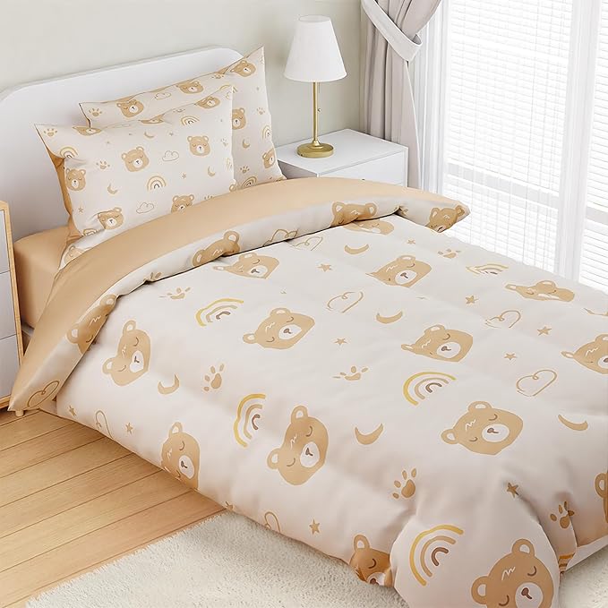 SANDJEST Bear Comforter Set Full Size 98x86in for Kids Boys Girls Unisex, Microfiber 4 Pcs Bedding Set Includes 1 Comforter, 2 Pillowcases, 1 Fitted Sheet, Nursery Room Decor