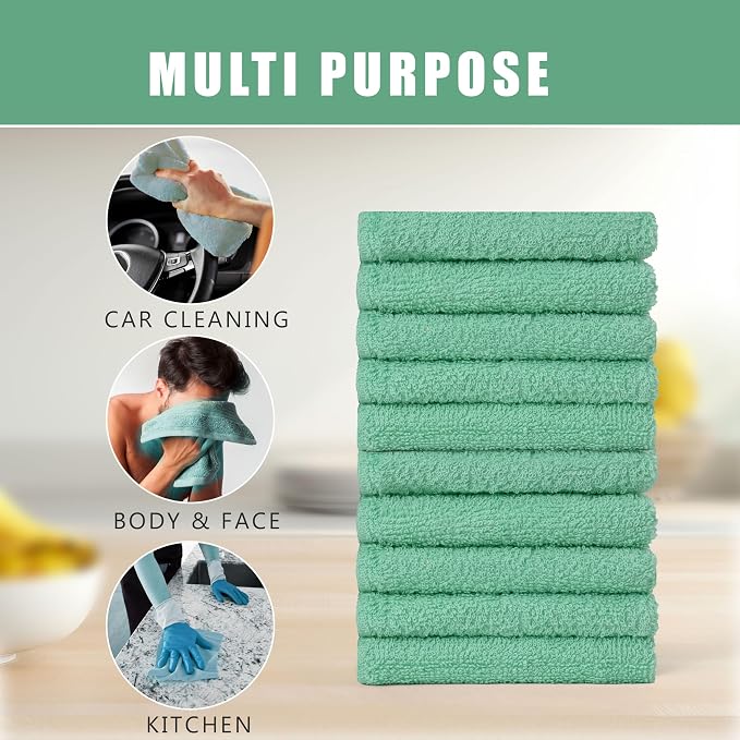 Textila Terry Wash Cloths – Pack of 10, Aqua Green, 12x12 Inches – Soft - Image 5