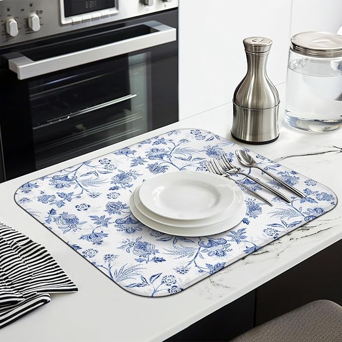 Blue Floral Dish Drying Mat for Kitchen Counter, French Farmhouse Style - Image 3