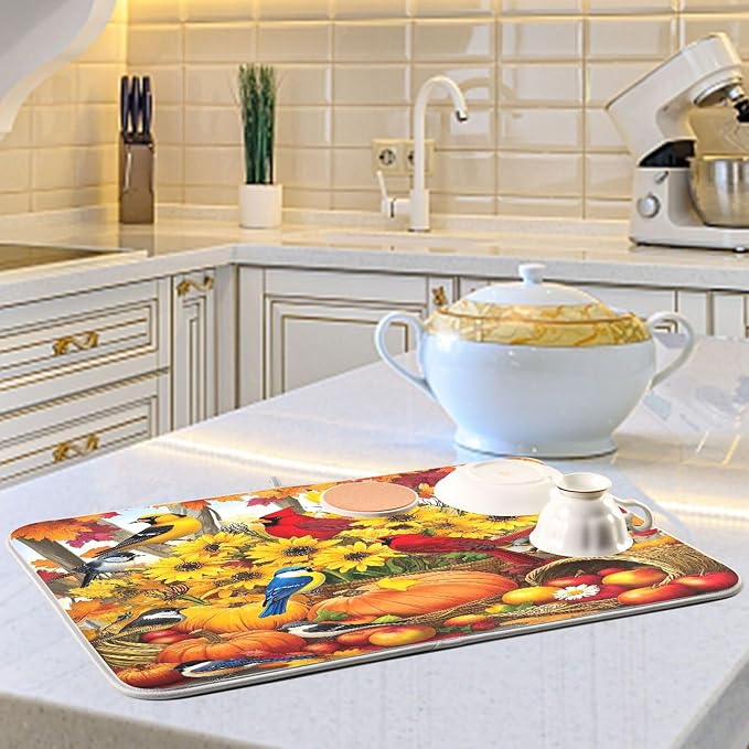 Fall Birds Dish Drying Mat for Kitchen Countertop 18x24 Autumn Pumpkin - Image 6