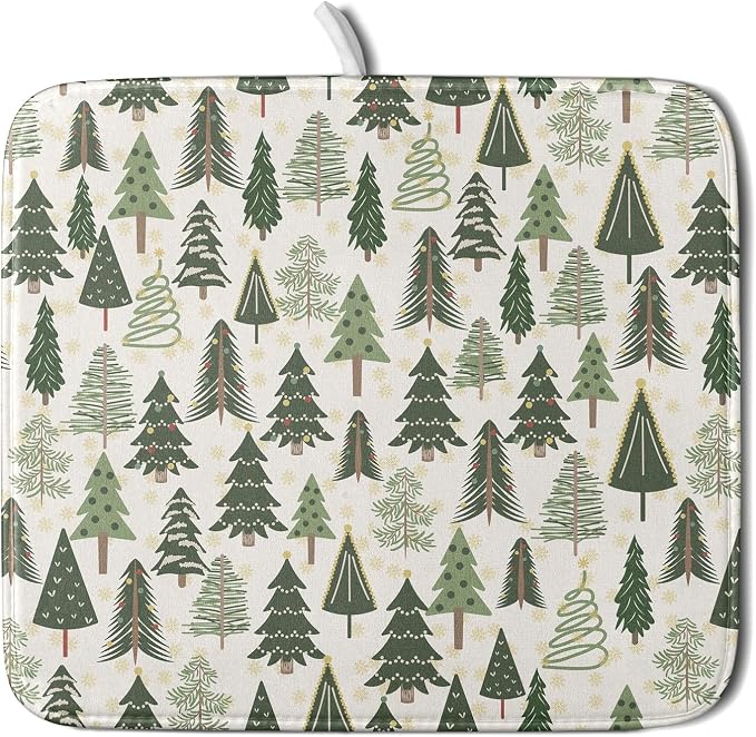 Christmas Dish Drying Mat for Kitchen Counter 16x18 Green Xmas Tree Block Print by Aytipun