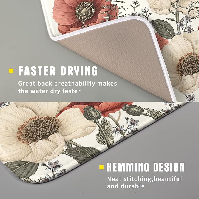 Floral Dish Drying Mat for Kitchen Counter 18x16 Inch Beige Pink Big Flower - Image 5