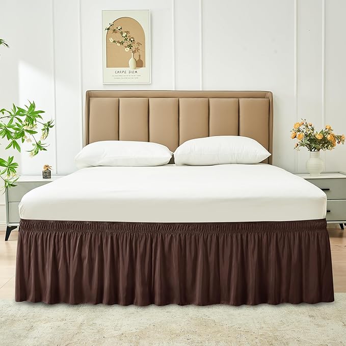 Biscaynebay Wrap Around Bed Skirts for Queen Beds 22" Long Drop, Brown Adjustable Elastic Dust Ruffles Easy Fit Wrinkle Resistant Silky Luxurious Fabric Machine Washable