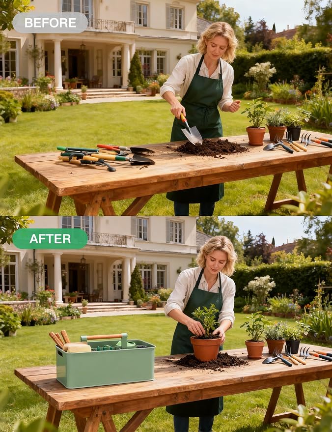 Garden Tool Organizer with Wooden Handle, Metal Garden Caddy with 4 Compartments - Image 6