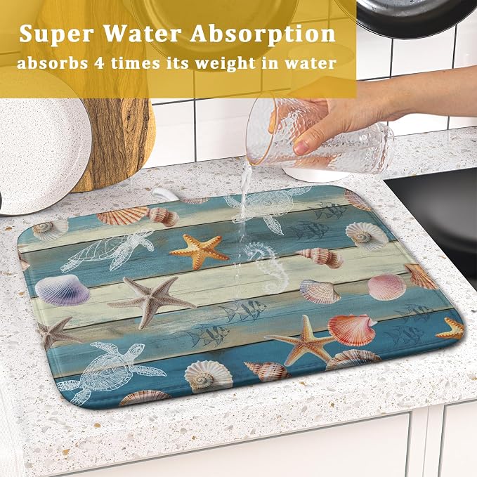 Giwawa Coastal Starfish Dish Drying Mat Summer Sea Turtle Drainer Rack Mat - Image 7