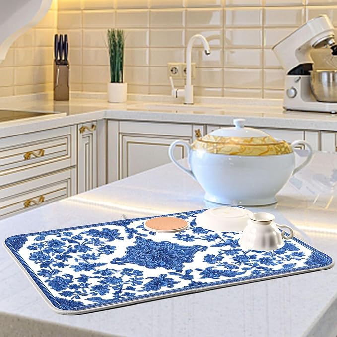Blue White Porcelain Floral Dish Drying Mat - Image 6