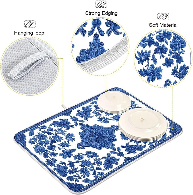 Blue White Porcelain Floral Dish Drying Mat - Image 4