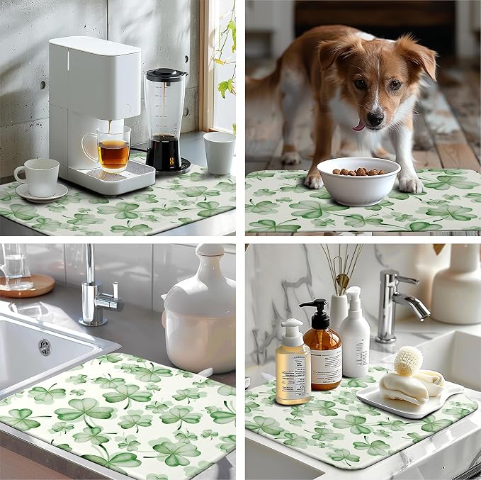Green Clover Kitchen Drying Mat St Patrick's Day Lucky Shamrock Dish Drying - Image 7