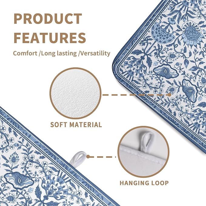 Blue Floral Dish Drying Mat for Kitchen Counter Boho Flowers Dishes Drainer - Image 6