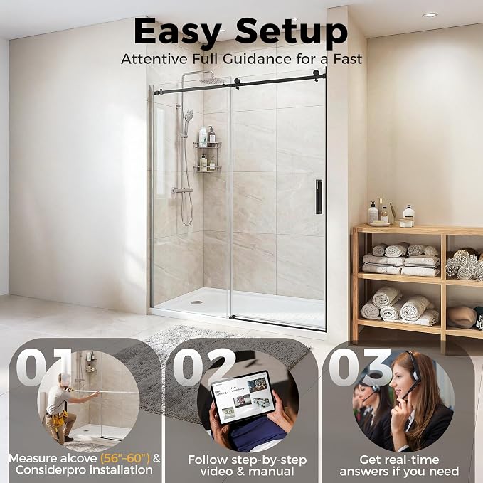 56-60" W x 75" H Frameless Shower Door, Magnetic Sliding Glass Shower Door - Image 9
