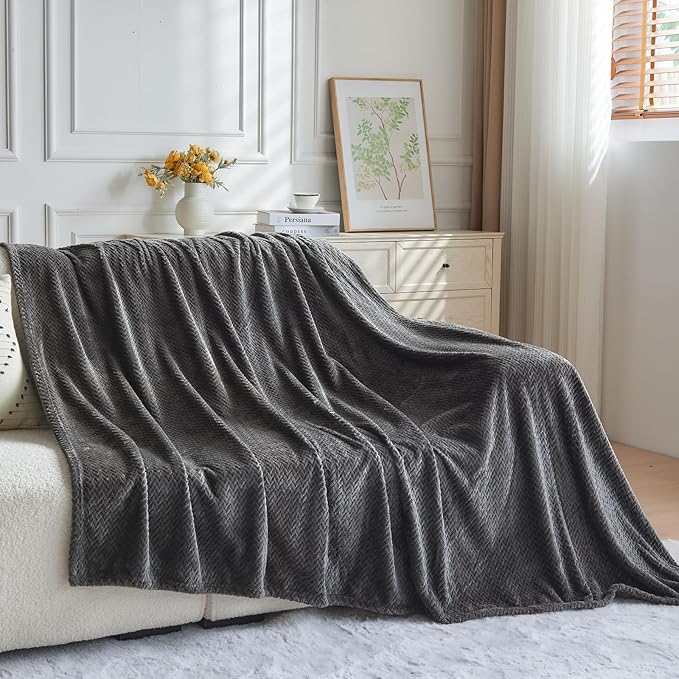 NEWCOSPLAY Super Soft Queen Blanket Dark Grey Premium Silky Flannel Fleece Leaves Pattern Lightweight Bed Blanket All Season Use (Dark Grey, Queen(90"x90"))