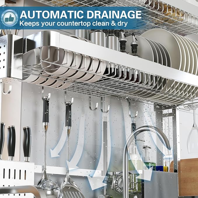 Over The Sink Dish Drying Rack, 3 Tier Adjustable Length Full Stainless Steel - Image 4