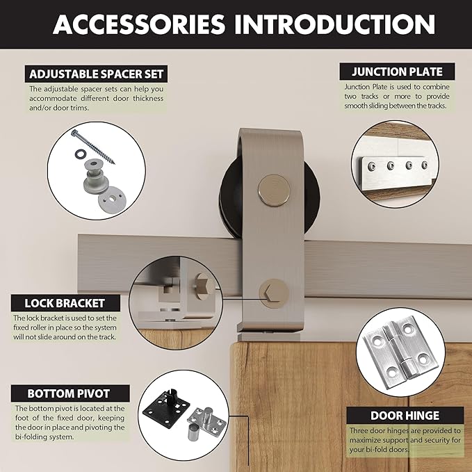 Homacer 60in Brushed Nickel Top Mount Bi-Folding Sliding Barn Door Hardware Kit - Image 4