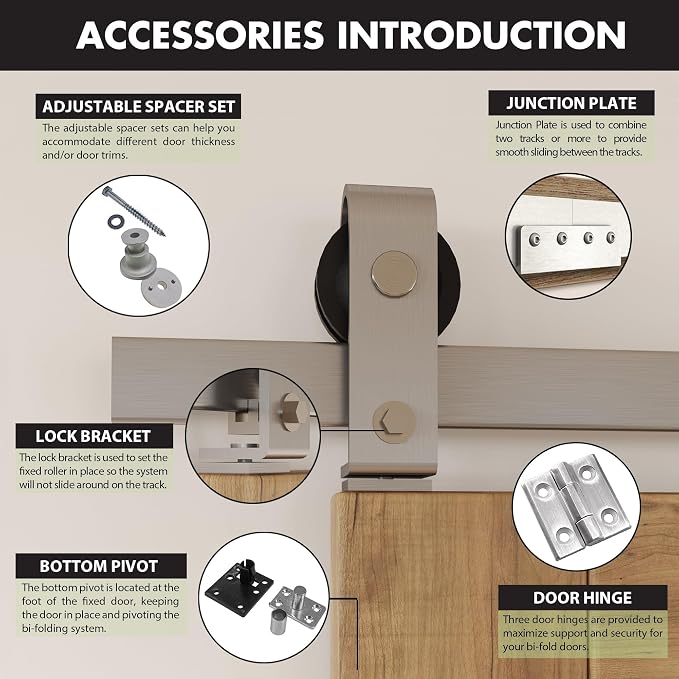 Homacer 33in Brushed Nickel Top Mount Bi-Folding Sliding Barn Door Hardware Kit - Image 4