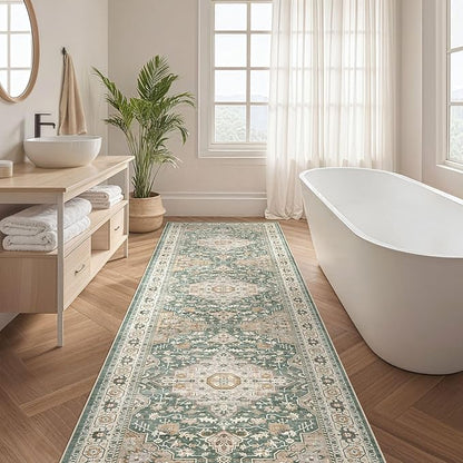 Runner Rug Kitchen Washable Rugs: 3x10 Non-Slip Abstract Soft Modern Stain Resistant Indoor Floor Neutral Accent Throw Carpet for Hallway Bathroom Laundry Room Entryway Bedroom- Green