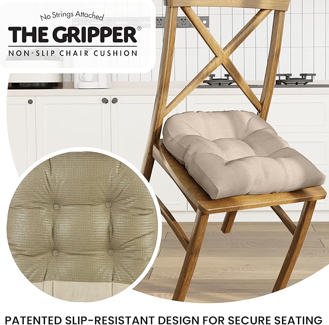 Klear Vu Gripper Overstuffed Universal Non-Slip Dining Chair Cushions for Kitchen Decor or Office Use, U-Shaped Skid-Proof Seat Pad, 17x17 Inches, 2 Count (Pack of 1), Linear Thyme Green