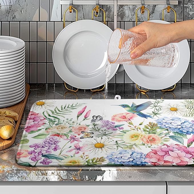 Spring Floral Birds Dish Drying Mat Summer Butterfly Flowers Kitchen Dish - Image 4