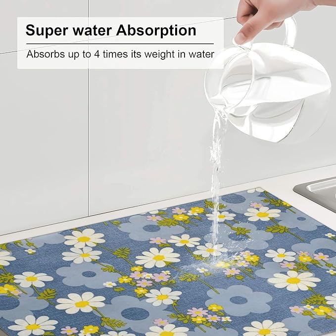 Daisy Flowers Dish Drying Mat for Kitchen Counter, Large Drying Kitchen Mat - Image 5