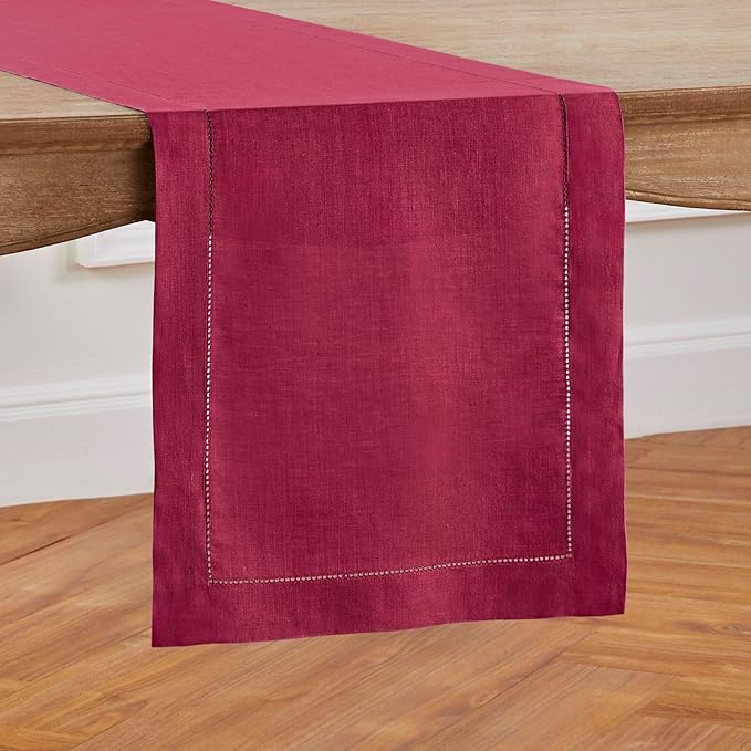Solino Home Linen Beet Table Runner 132 Inches Long - 100% Pure Linen Extra Long Table Runner 14 x 132 Inch for Christmas, New Year - Classic Hemstitch
