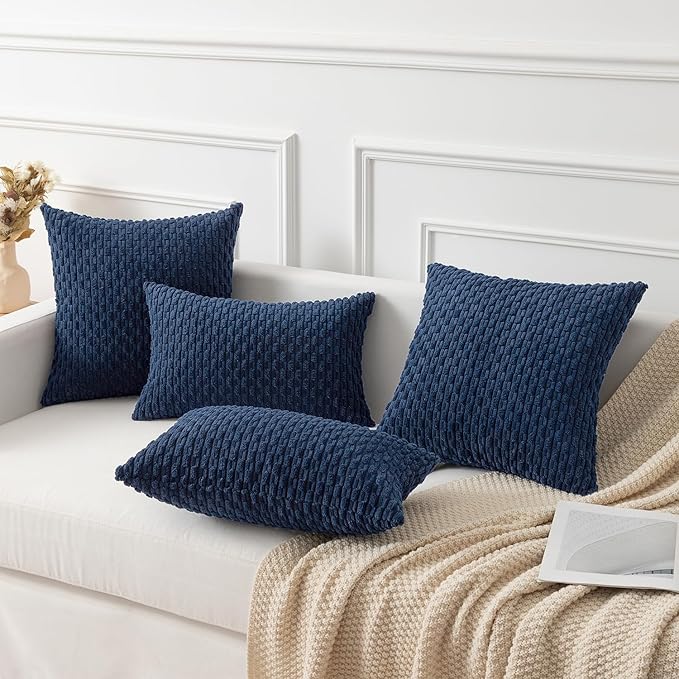 Kevin Textile 14x24 Inch Pillow Cover 1 Pack Boho Decorative Soft Striped Corduroy Lumbar Farmhouse Color Accent Rectangle Cushion Case for Living Room Couch Sofa Bed, Navy Blue
