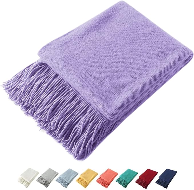 Homiest Decorative Knitted Throw Blanket with Fringe, Lightweight Acrylic Knit, Soft & Cozy Tassel Blanket for Couch, Sofa, Bed (Lavender, 50 x 60 Inch)