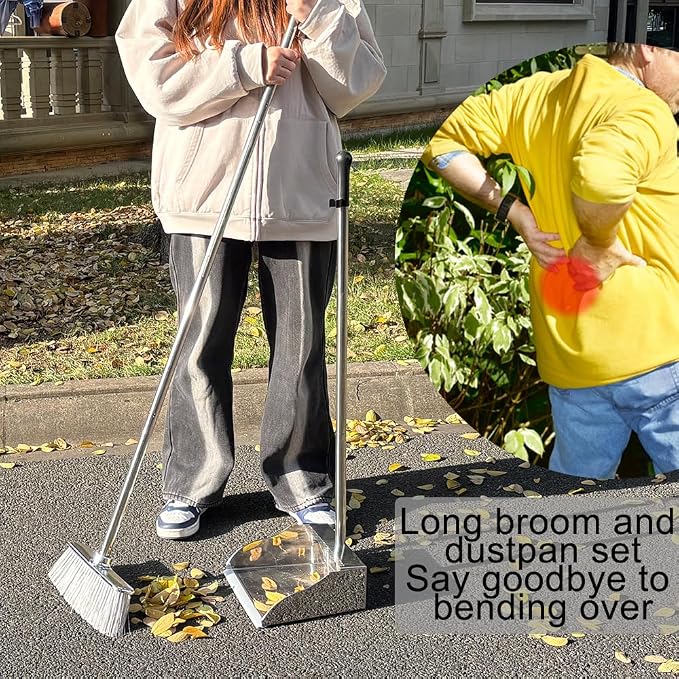 Metal Dustpan with Soft Bristles Broom Heavy Duty Stainless Steel Upright - Image 6