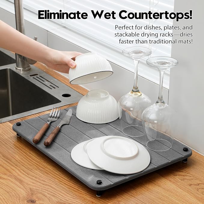 Stone Dish Drying Mat for Kitchen Counter, Water Absorbing Bathroom Tray Sink - Image 5