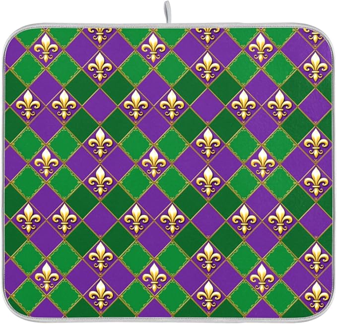 Happy Mardi Gras Purple Green Dish Drying Mat by Wamika
