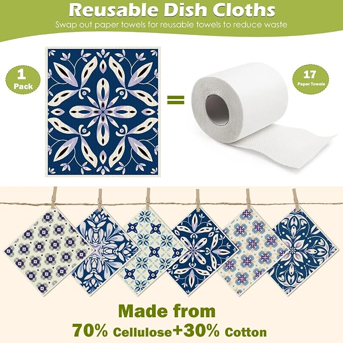 6 Packs Swedish Paper Cloths for Kitchen, Reusable Paper Towels Washable Dish - Image 3