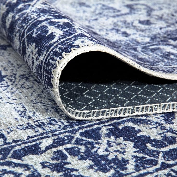 Bloom Rugs Washable Non-Slip 6' x 9' Rug - Blue/Ivory Traditional Area Rug for Living Room, Bedroom, Dining Room, and Kitchen - Exact Size: 6' x 9'